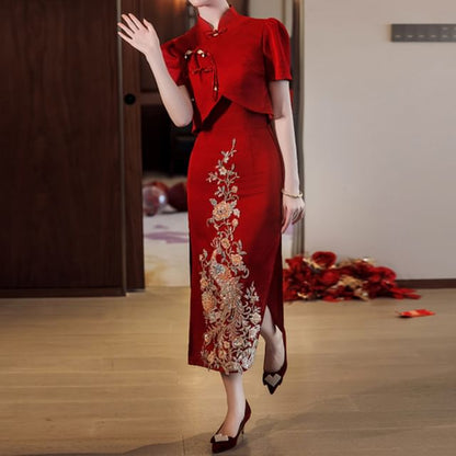 Short-Sleeve Slit Sequin Midi Chinese Wedding Qipao Dress SpreePicky