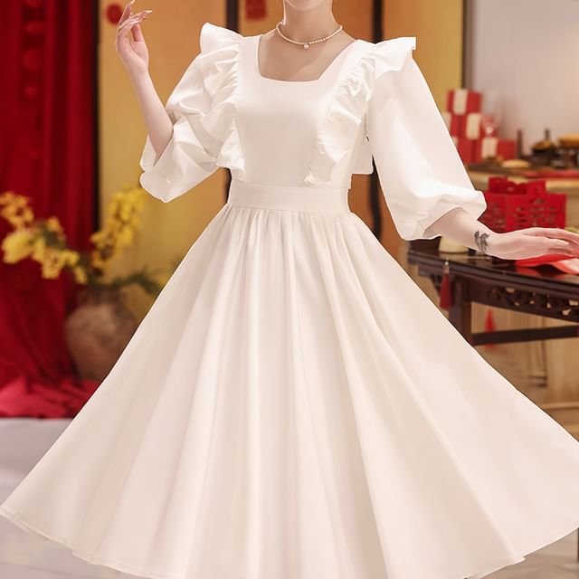 3/4-Sleeve Square Neck Plain Ruffle Trim Midi A-Line Cocktail Dress FashionChic