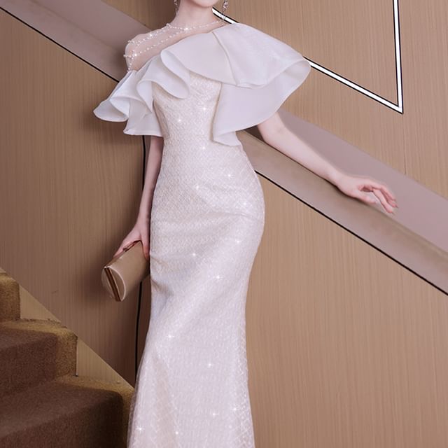 Short-Sleeve Ruffle Trim Beaded Sequin Mermaid Evening Gown FashionChic