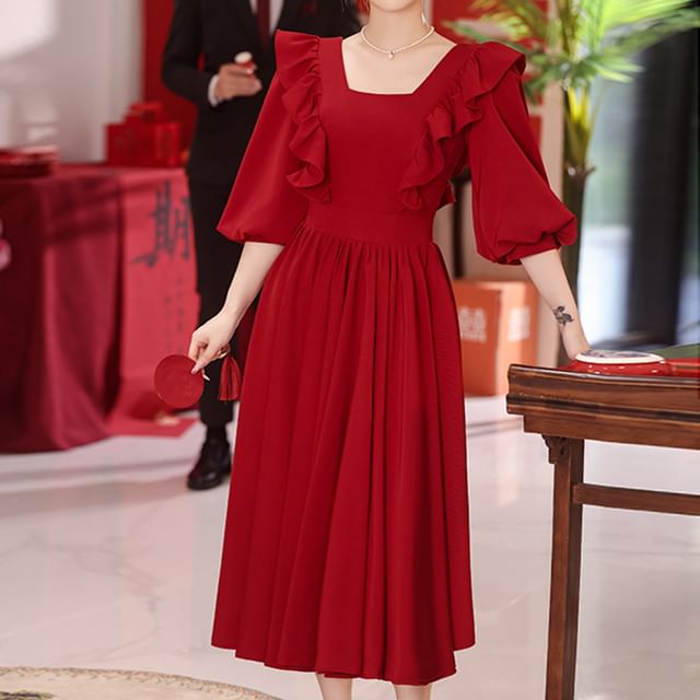 3/4-Sleeve Square Neck Plain Ruffle Trim Midi A-Line Cocktail Dress FashionChic