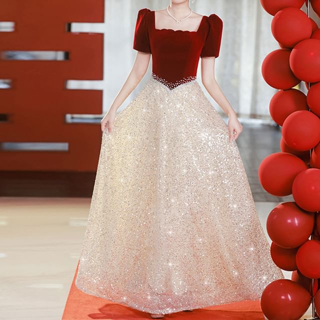 Short-Sleeve Square Neck Sequin Panel A-Line Evening Gown FashionChic