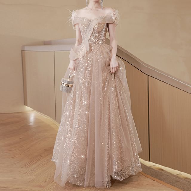 Sleeveless Off-Shoulder Fringed Sequin Mesh A-Line Evening Gown FashionChic