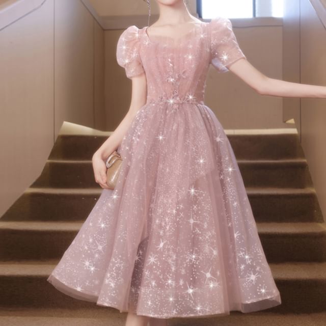 Short-Sleeve Sequin Mesh Midi A-Line Cocktail Dress FashionChic