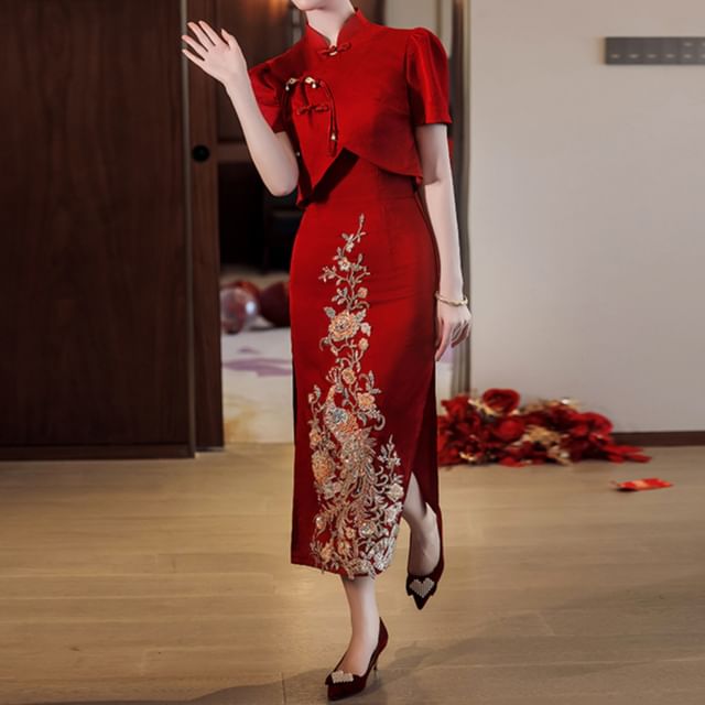 Short-Sleeve Slit Sequin Midi Chinese Wedding Qipao Dress SpreePicky