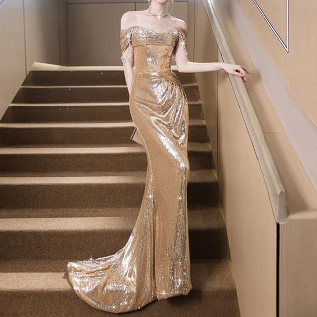 Cap-Sleeve Off-Shoulder Sequin Sheath Evening Gown FashionChic