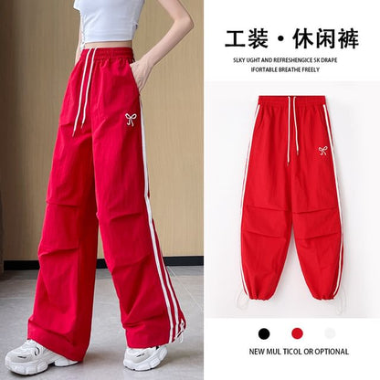 High Rise Bow Print Striped Loose-Fit Wide-Leg Sweatpants SpreePicky