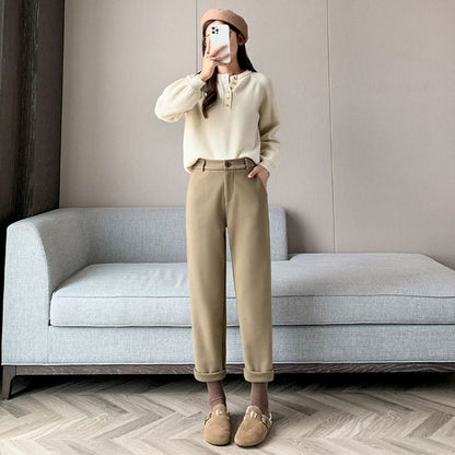 Plain High Rise Straight Cut Crop Knit Dress Pants SpreePicky