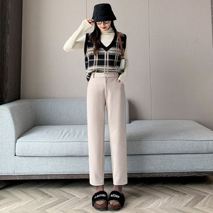 Plain High Rise Straight Cut Crop Knit Dress Pants SpreePicky