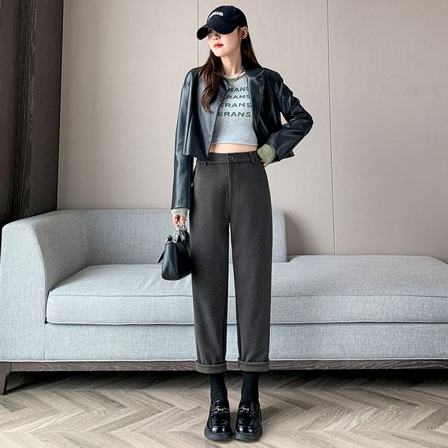 Plain High Rise Straight Cut Crop Knit Dress Pants SpreePicky