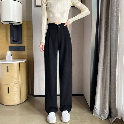 High Rise Plain Corduroy Wide Leg Slacks SpreePicky