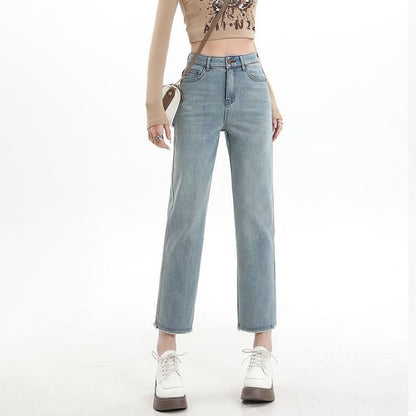 High Rise Washed Cropped Straight Leg Jeans SpreePicky