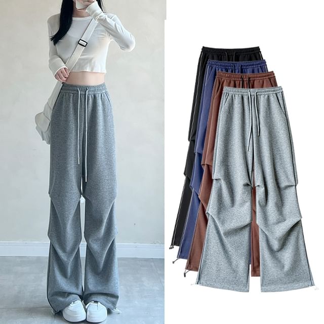 Plain High Rise Drawstring Parachute Wide Leg Sweatpants SpreePicky