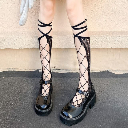 Lace-Up Knee-High Fishnet Socks SpreePicky