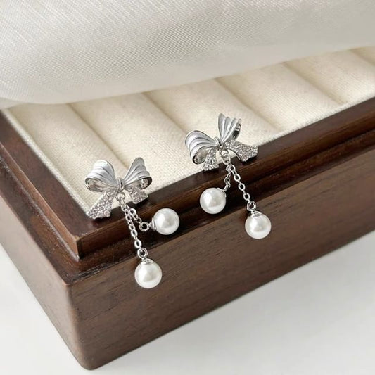 Rhinestone Bow Faux Pearl Drop Earring mySite