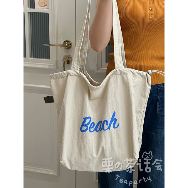 Lettering Print Drawstring Tote Bag / Bag Charm / Set SpreePicky