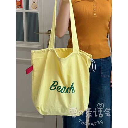 Lettering Print Drawstring Tote Bag / Bag Charm / Set SpreePicky