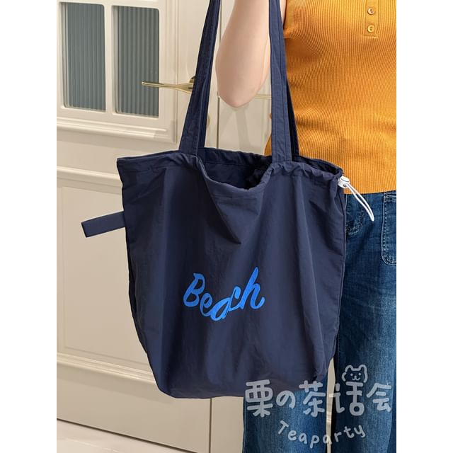 Lettering Print Drawstring Tote Bag / Bag Charm / Set SpreePicky