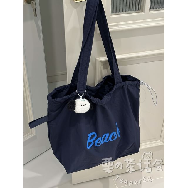 Lettering Print Drawstring Tote Bag / Bag Charm / Set SpreePicky