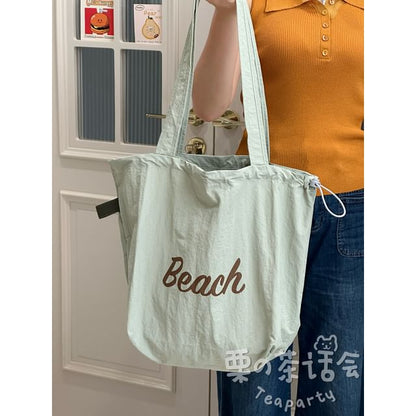 Lettering Print Drawstring Tote Bag / Bag Charm / Set SpreePicky