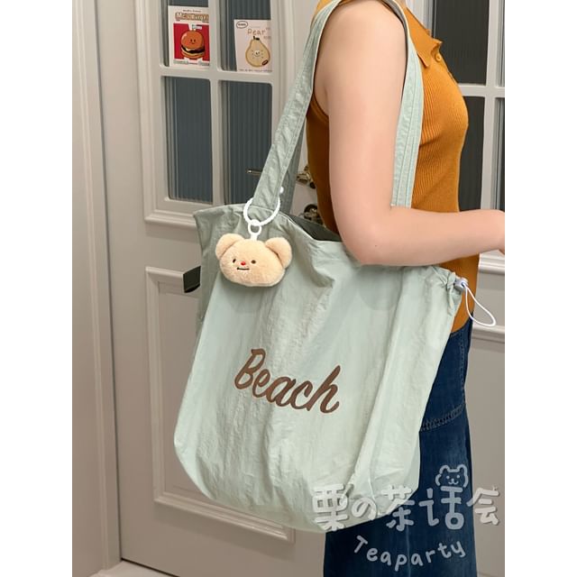 Lettering Print Drawstring Tote Bag / Bag Charm / Set SpreePicky