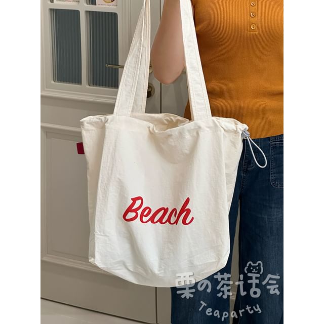 Lettering Print Drawstring Tote Bag / Bag Charm / Set SpreePicky