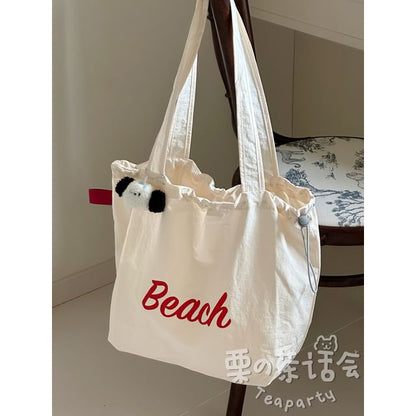 Lettering Print Drawstring Tote Bag / Bag Charm / Set SpreePicky