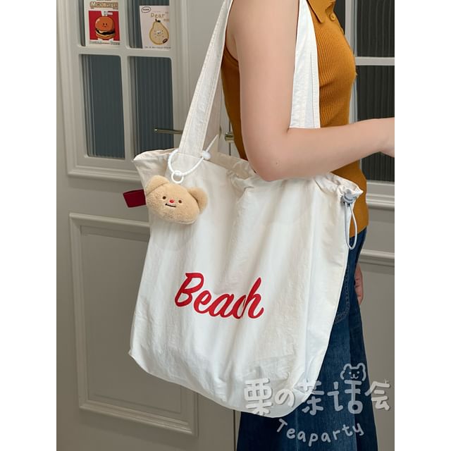 Lettering Print Drawstring Tote Bag / Bag Charm / Set SpreePicky