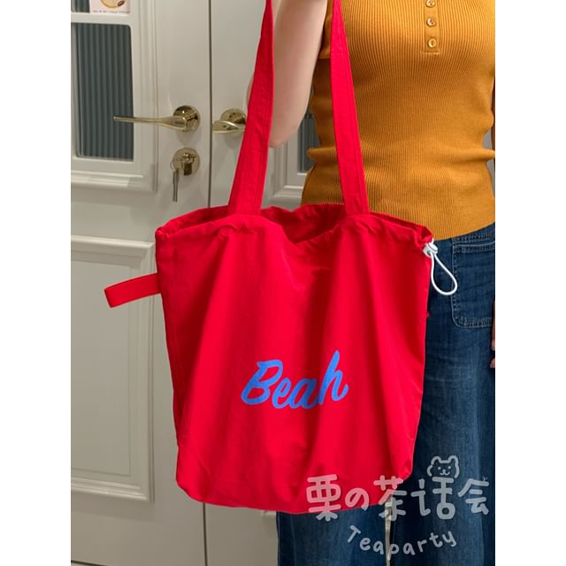 Lettering Print Drawstring Tote Bag / Bag Charm / Set SpreePicky