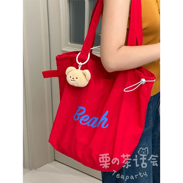 Lettering Print Drawstring Tote Bag / Bag Charm / Set SpreePicky