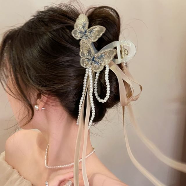 Butterfly Faux Pearl Bow Hair Claw SpreePicky