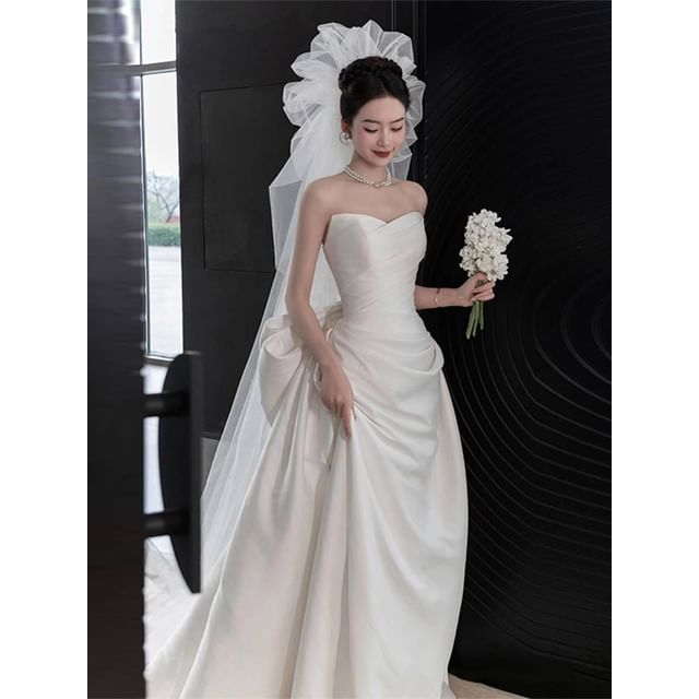 Strapless Back A-Line Bow Gown Satin Wedding FashionChic