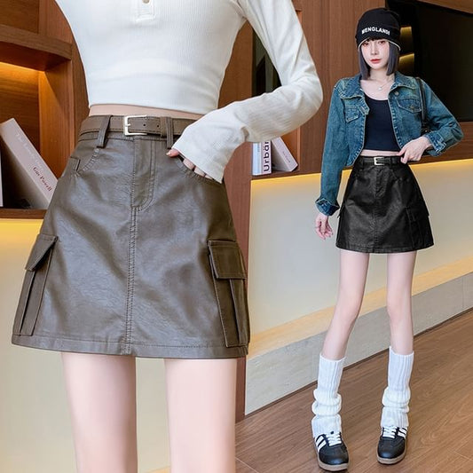 High Rise Plain Faux Leather Mini A-Line Skirt SpreePicky