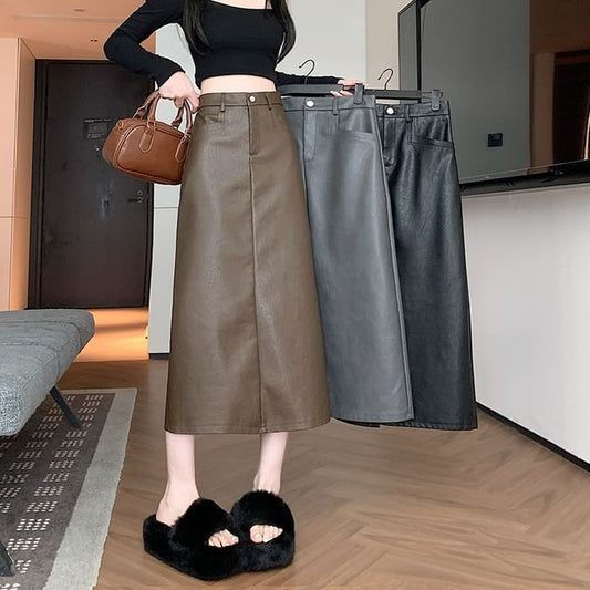 High Waist Plain Faux Leather Midi A-Line Skirt SpreePicky