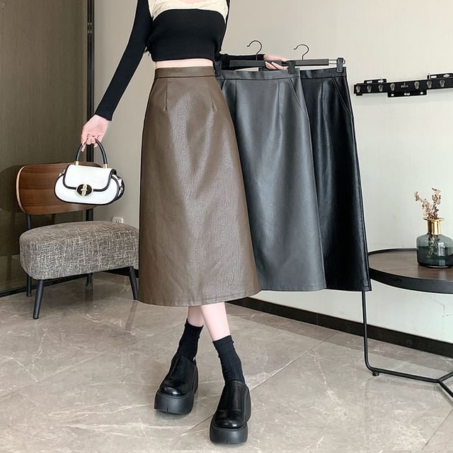 High Rise Plain Faux Leather Midi A-Line Skirt SpreePicky