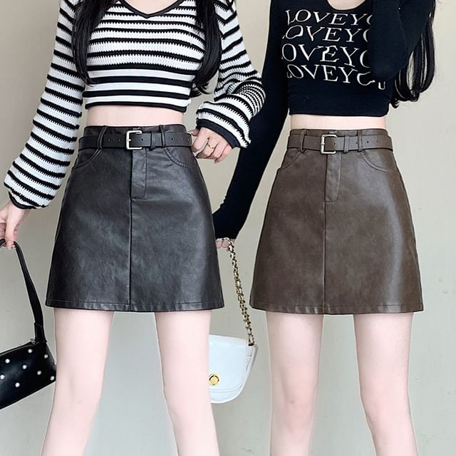 High Waist Plain Faux Leather Mini A-Line Skirt SpreePicky