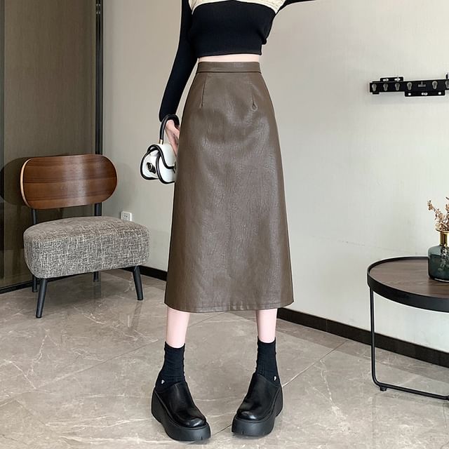 High Rise Plain Faux Leather Midi A-Line Skirt SpreePicky