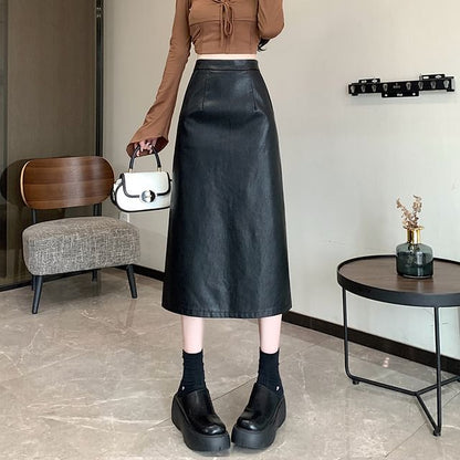 High Rise Plain Faux Leather Midi A-Line Skirt SpreePicky