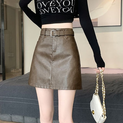 High Waist Plain Faux Leather Mini A-Line Skirt SpreePicky