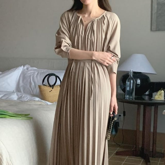 Long Sleeve Round Neck Plain Accordion Pleated Tie Front Maxi A-Line Dress SpreePicky