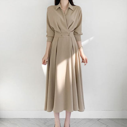 Long Sleeve Collared Plain Double Breasted Midi A-Line Shirt Dress mySite