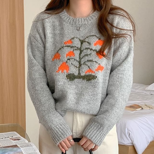 Crew Neck Floral Patterned Sweater SpreePicky