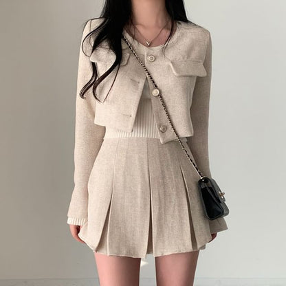 Round Neck Plain Crop Button Jacket / High Rise Pleated Mini A-Line Skirt SpreePicky