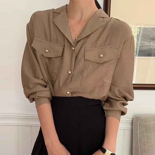 Long Sleeve Collared Plain Flap Pocket Shirt SpreePicky