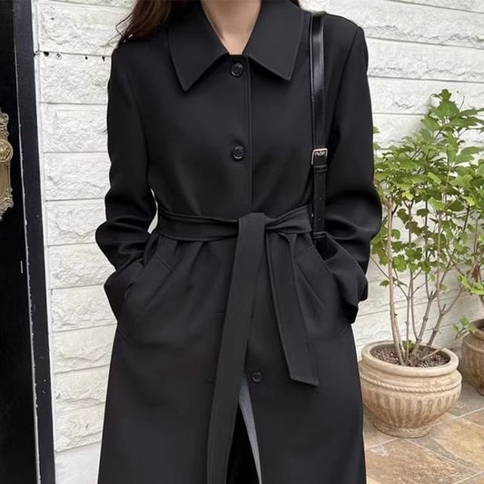 Collared Plain Midi Button Trench Coat SpreePicky