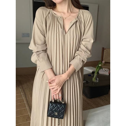 Long Sleeve Round Neck Plain Accordion Pleated Tie Front Maxi A-Line Dress SpreePicky