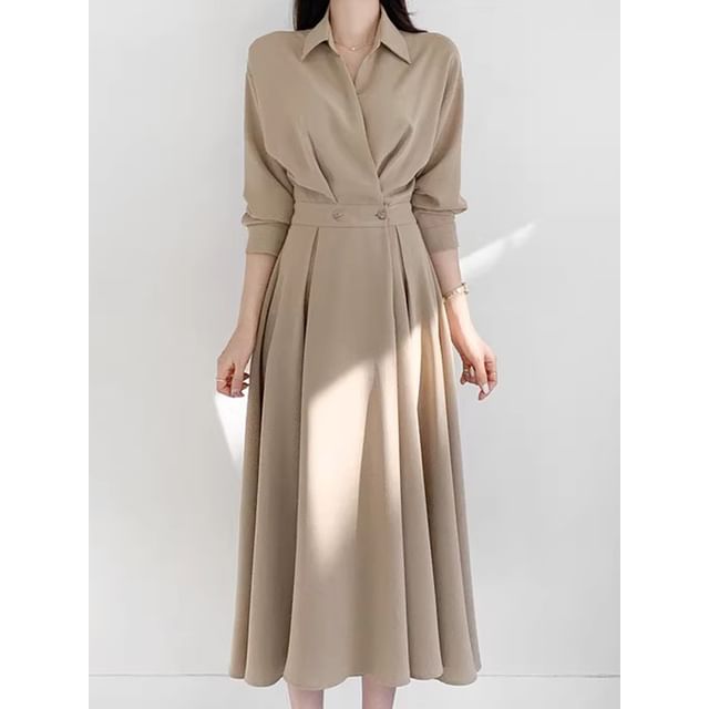 Long Sleeve Collared Plain Double Breasted Midi A-Line Shirt Dress mySite