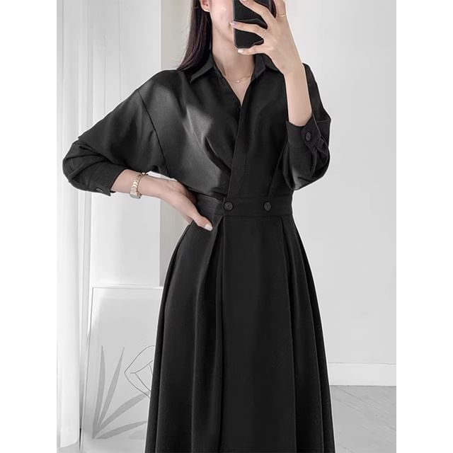 Long Sleeve Collared Plain Double Breasted Midi A-Line Shirt Dress mySite