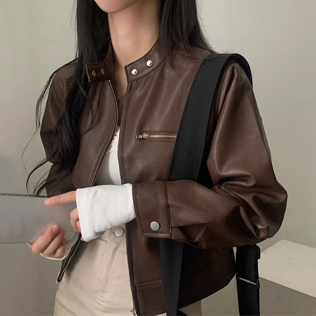 Band Collar Plain Faux Leather Zip Jacket SpreePicky