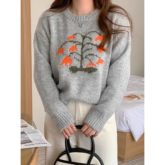 Crew Neck Floral Patterned Sweater SpreePicky