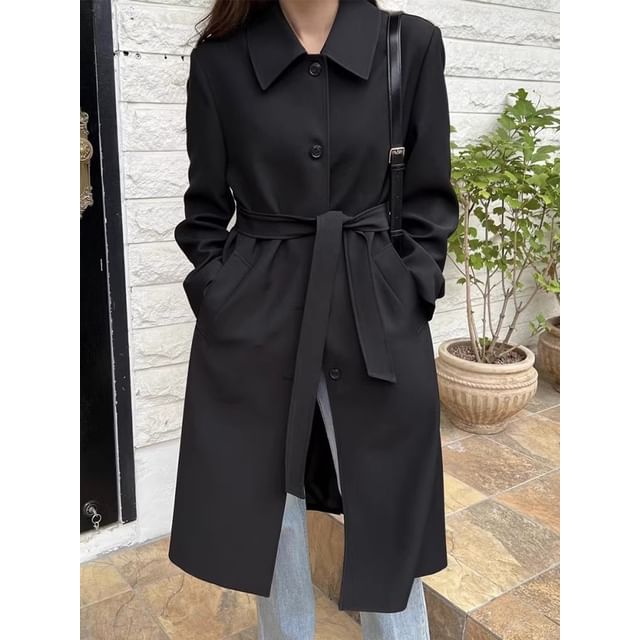 Collared Plain Midi Button Trench Coat SpreePicky